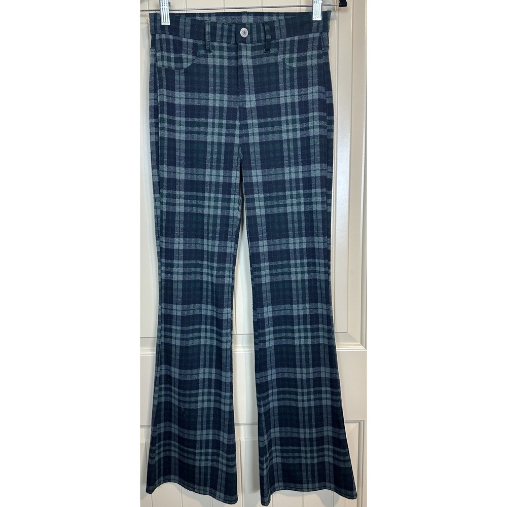 American Eagle Plaid Flare Leg‎ Pants Size 2 stretch green navy blue hippie Y2K